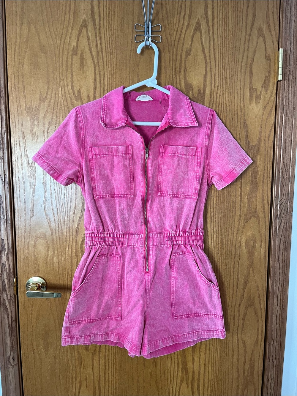 Women’s Pink Denim Short-Sleeve Zip Front One-Piece Romper